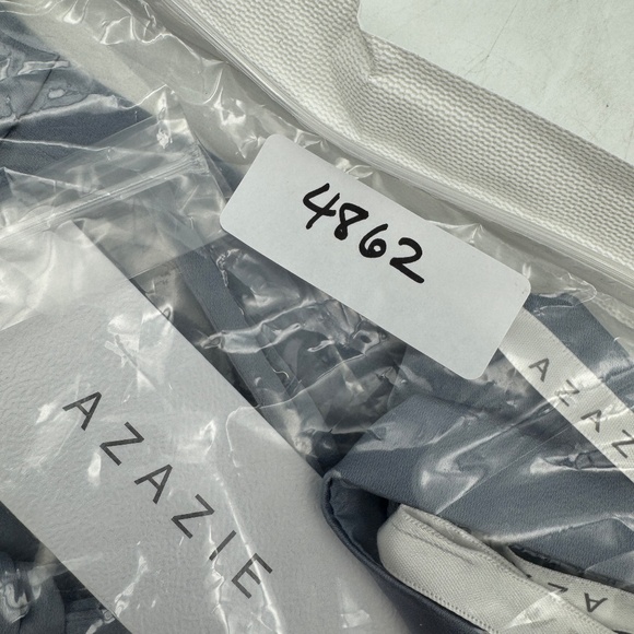 NEW AZAZIE EVERLY Stretch Dusty Blue Mermaid Off the Shoulder Stretch Satin - Picture 3 of 7